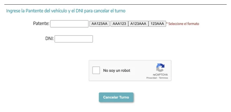 Pantalla para cancelar el turno de la VTV en Tandil con patente y DNI